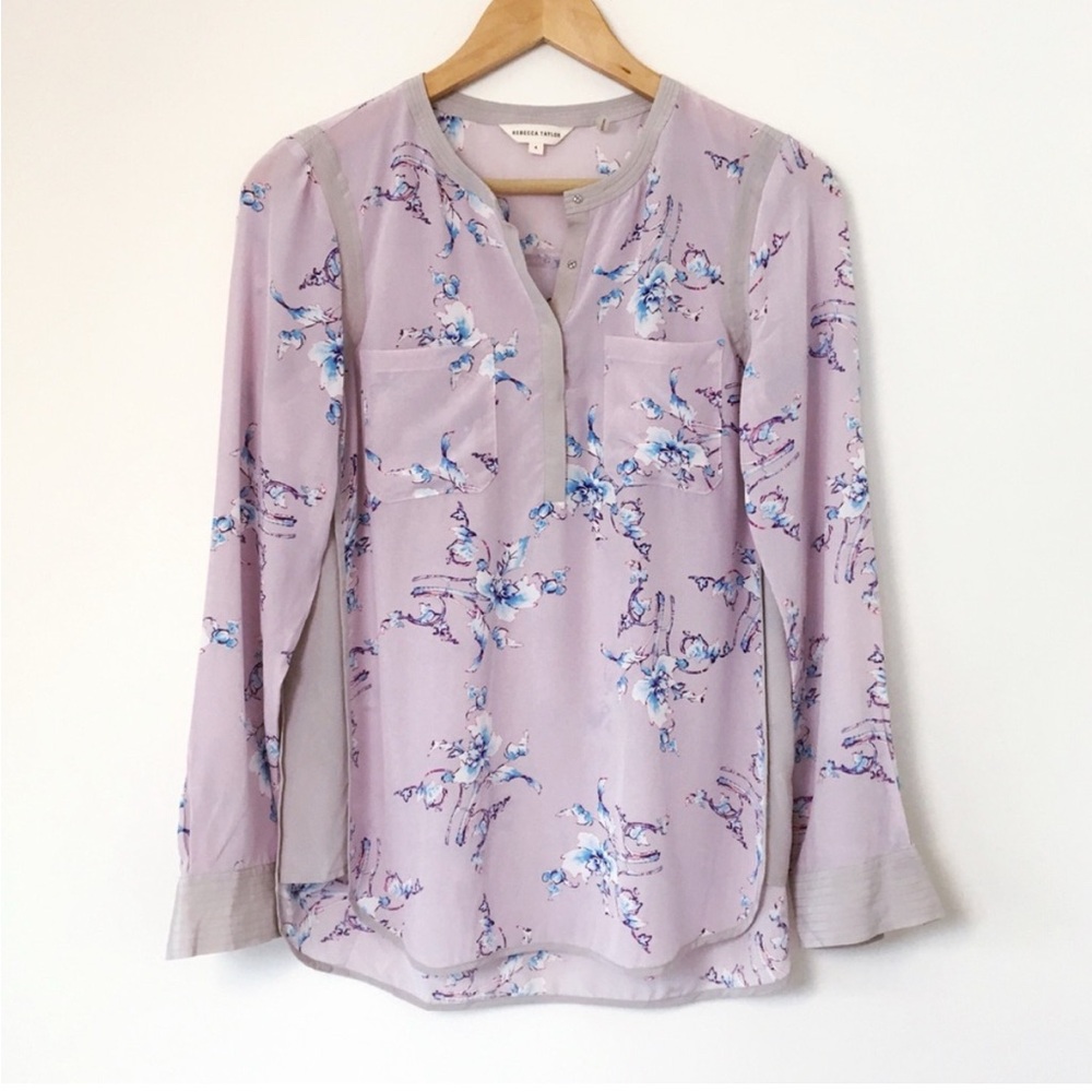 Rebecca Taylor Purple Blouse with Mandarin Collar and Long Sleeves